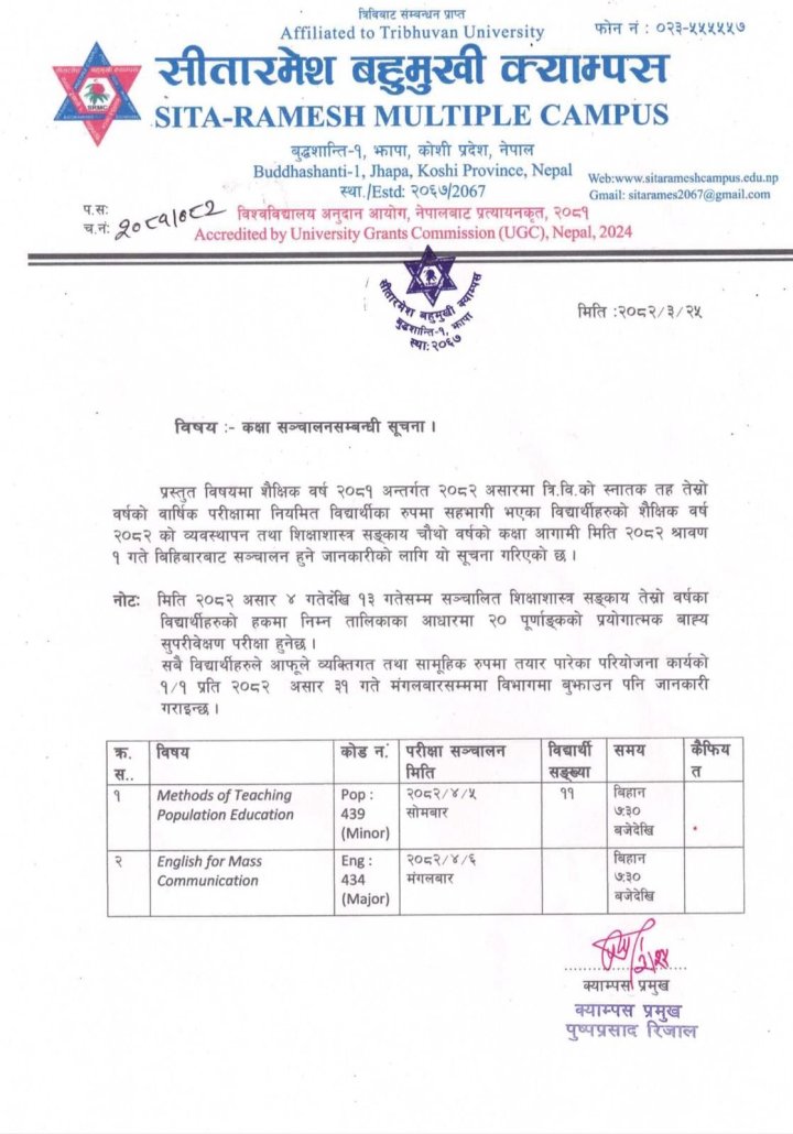 स्नातक तह चौथो वर्षको कक्षा सन्चालन सम्बन्धमा